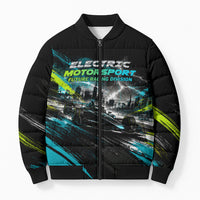 Electric Motorsport Racing Bomber Puffer Jacket Futuristic Formula Car Neon Lightning Speed Art