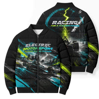 Electric Motorsport Racing Bomber Puffer Jacket Futuristic Formula Car Neon Lightning Speed Art