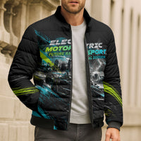 Electric Motorsport Racing Bomber Puffer Jacket Futuristic Formula Car Neon Lightning Speed Art