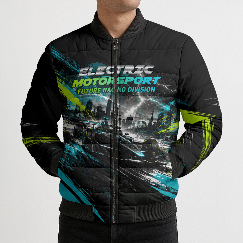 Electric Motorsport Racing Bomber Puffer Jacket Futuristic Formula Car Neon Lightning Speed Art
