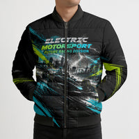 Electric Motorsport Racing Bomber Puffer Jacket Futuristic Formula Car Neon Lightning Speed Art