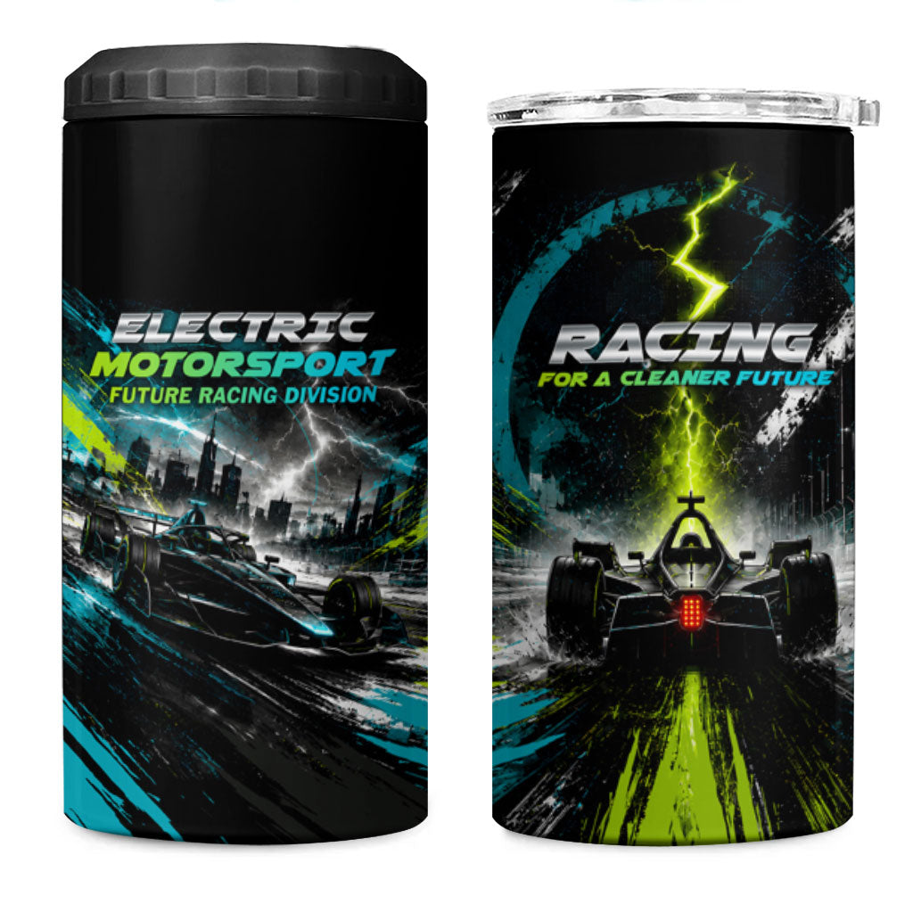 Electric Motorsport Racing 4 in 1 Can Cooler Tumbler Futuristic Formula Car Neon Lightning Speed Art