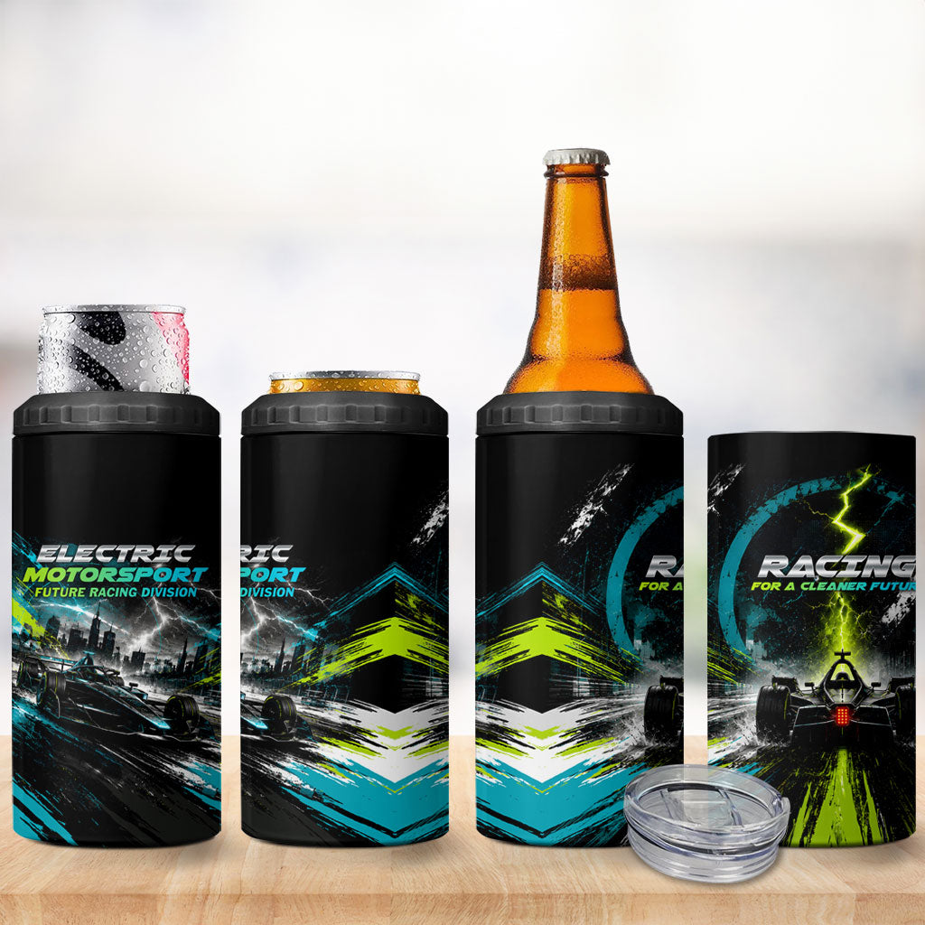 Electric Motorsport Racing 4 in 1 Can Cooler Tumbler Futuristic Formula Car Neon Lightning Speed Art