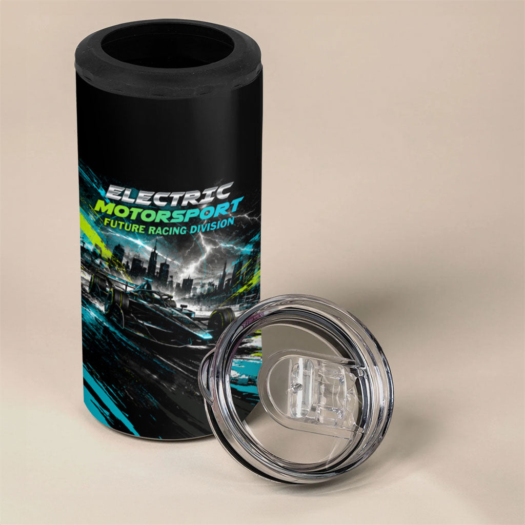 Electric Motorsport Racing 4 in 1 Can Cooler Tumbler Futuristic Formula Car Neon Lightning Speed Art