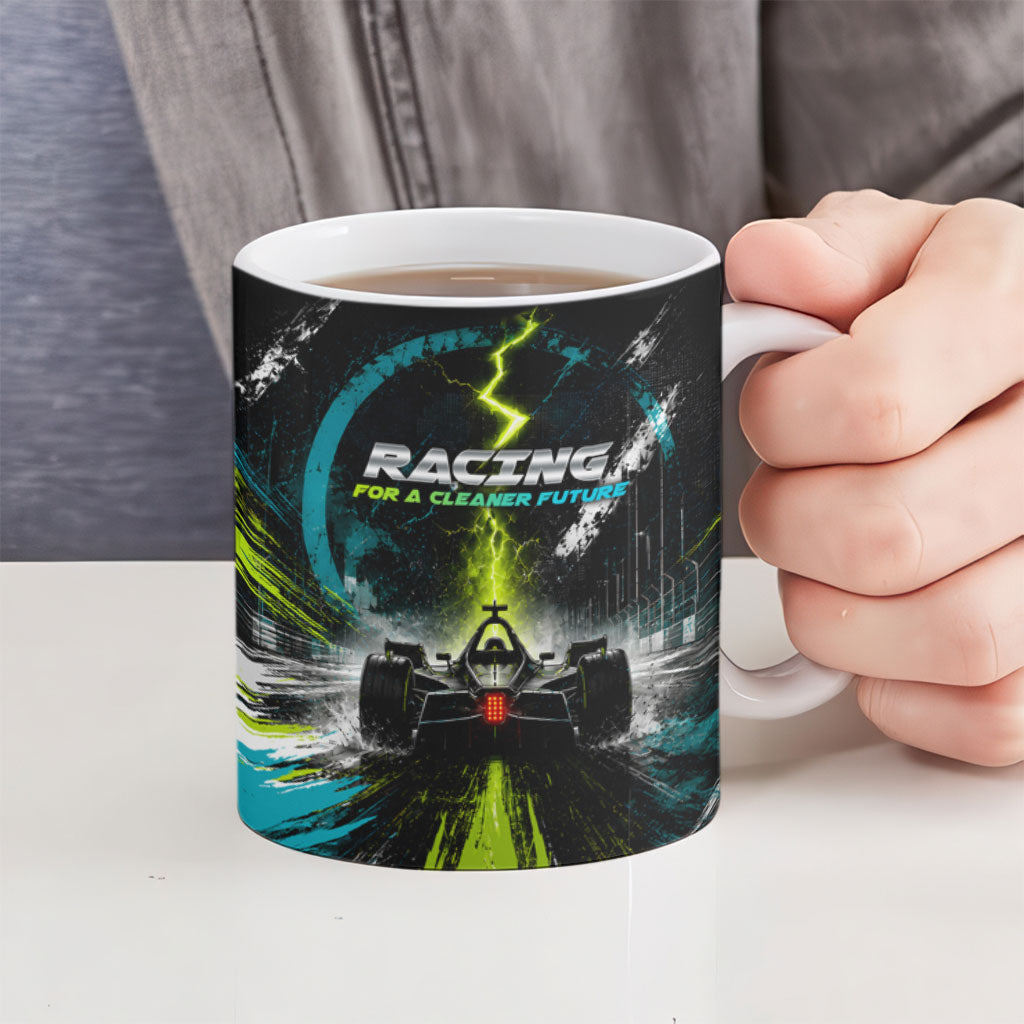 Electric Motorsport Racing Ceramic Mug Futuristic Formula Car Neon Lightning Speed Art