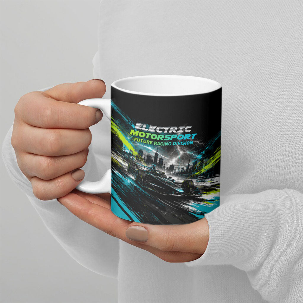 Electric Motorsport Racing Ceramic Mug Futuristic Formula Car Neon Lightning Speed Art