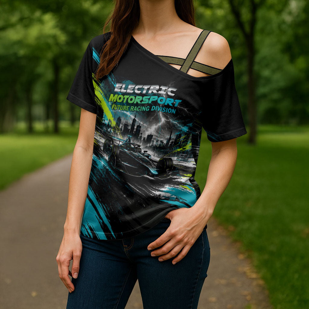 Electric Motorsport Racing Cross Shoulder Shirt Futuristic Formula Car Neon Lightning Speed Art