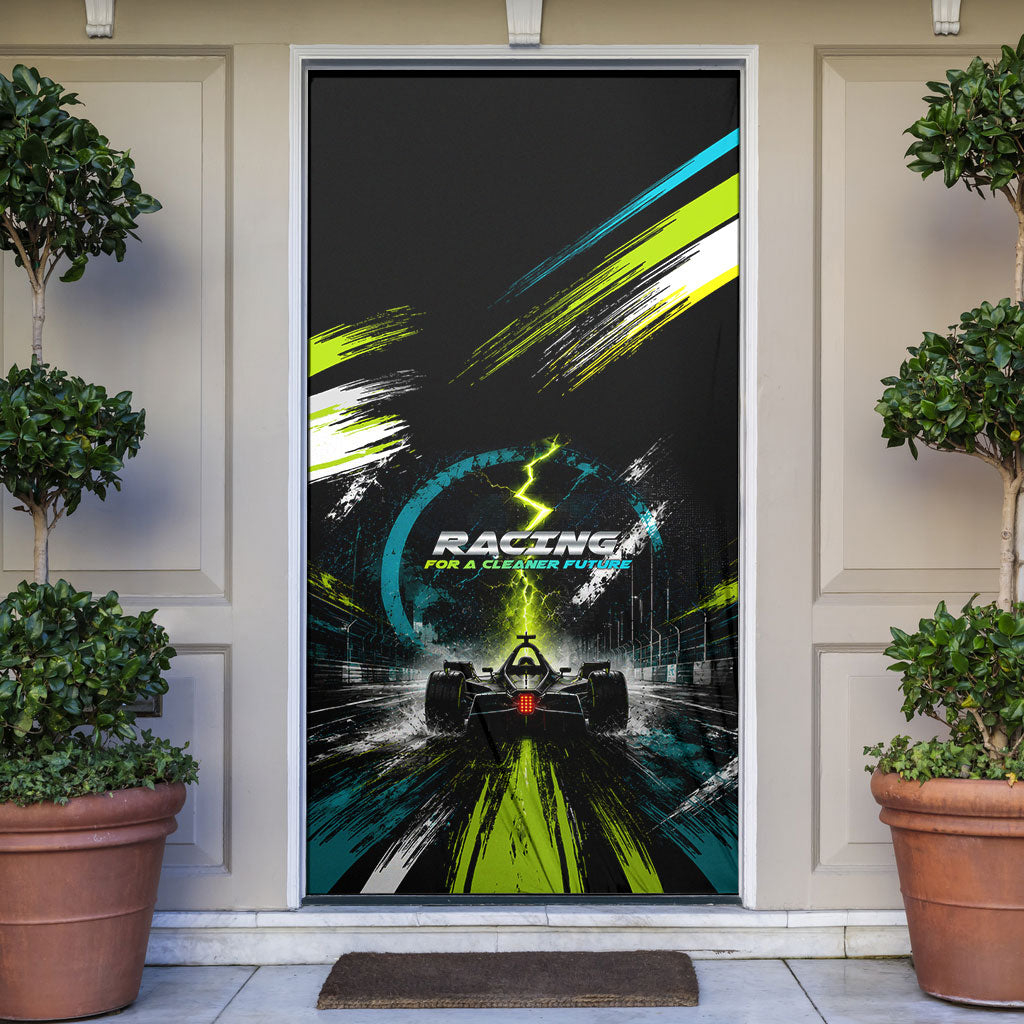 Electric Motorsport Racing Door Cover Futuristic Formula Car Neon Lightning Speed Art