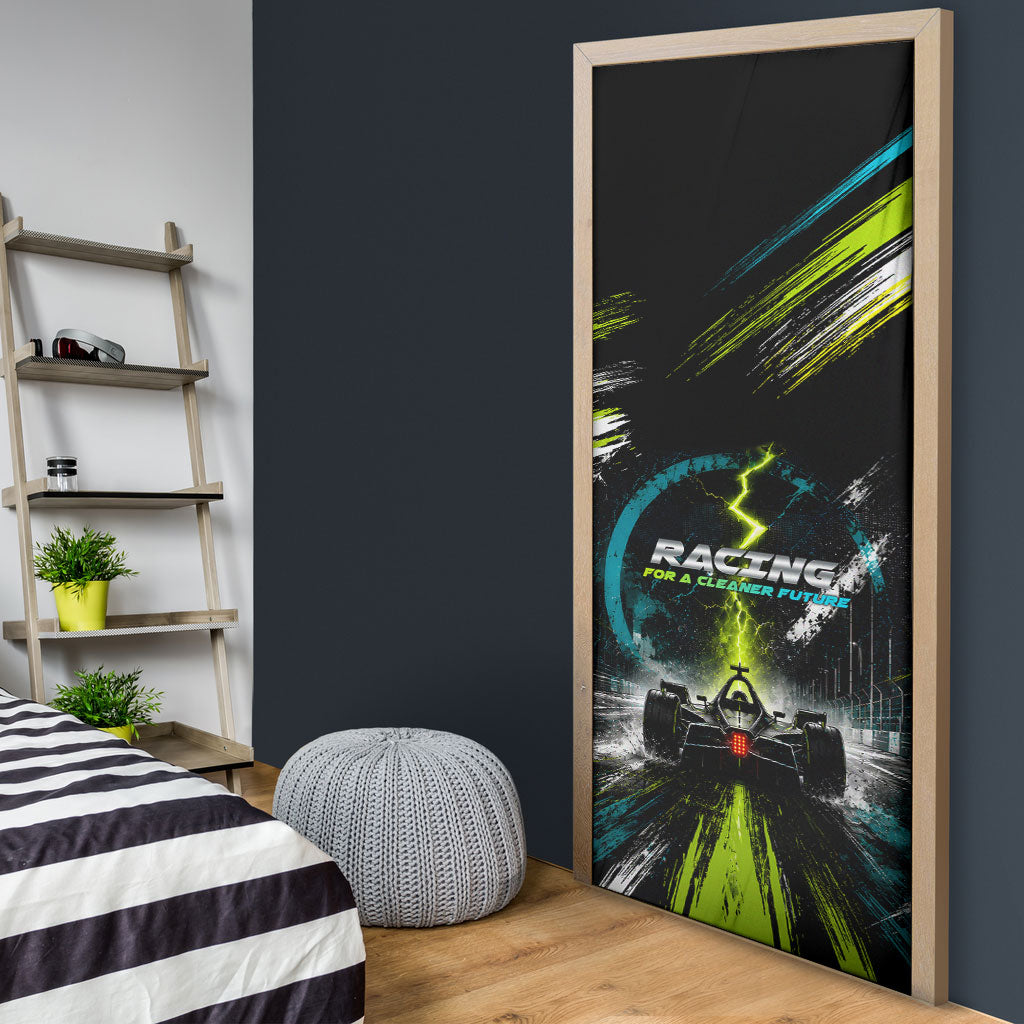 Electric Motorsport Racing Door Cover Futuristic Formula Car Neon Lightning Speed Art