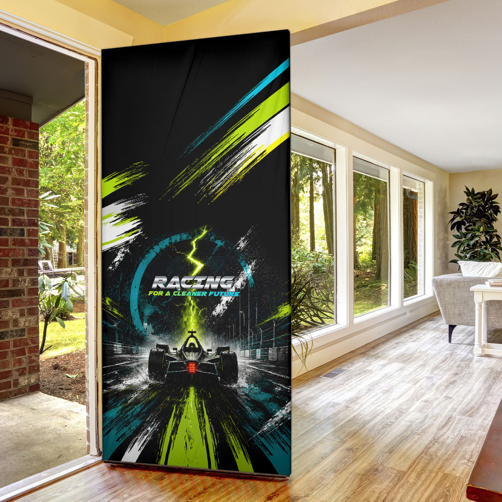Electric Motorsport Racing Door Cover Futuristic Formula Car Neon Lightning Speed Art