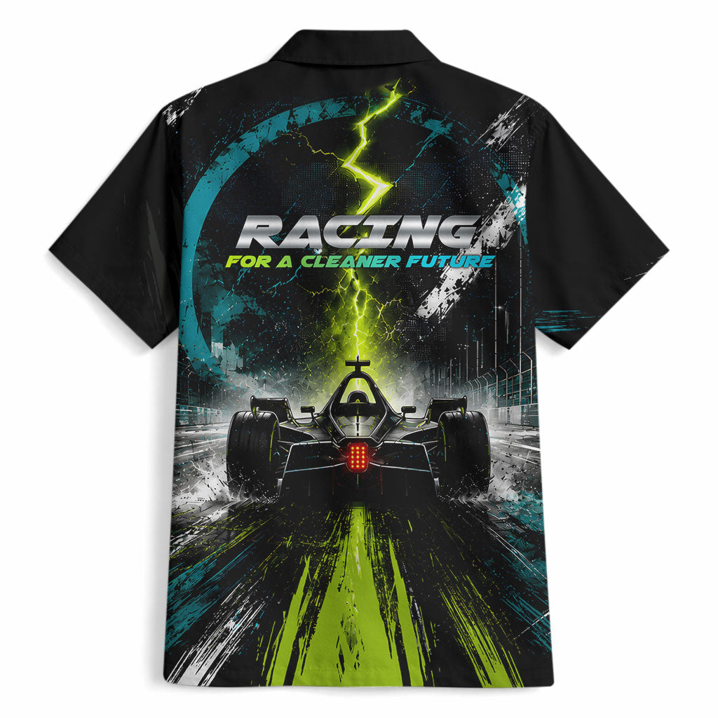 Electric Motorsport Racing Hawaiian Shirt Futuristic Formula Car Neon Lightning Speed Art