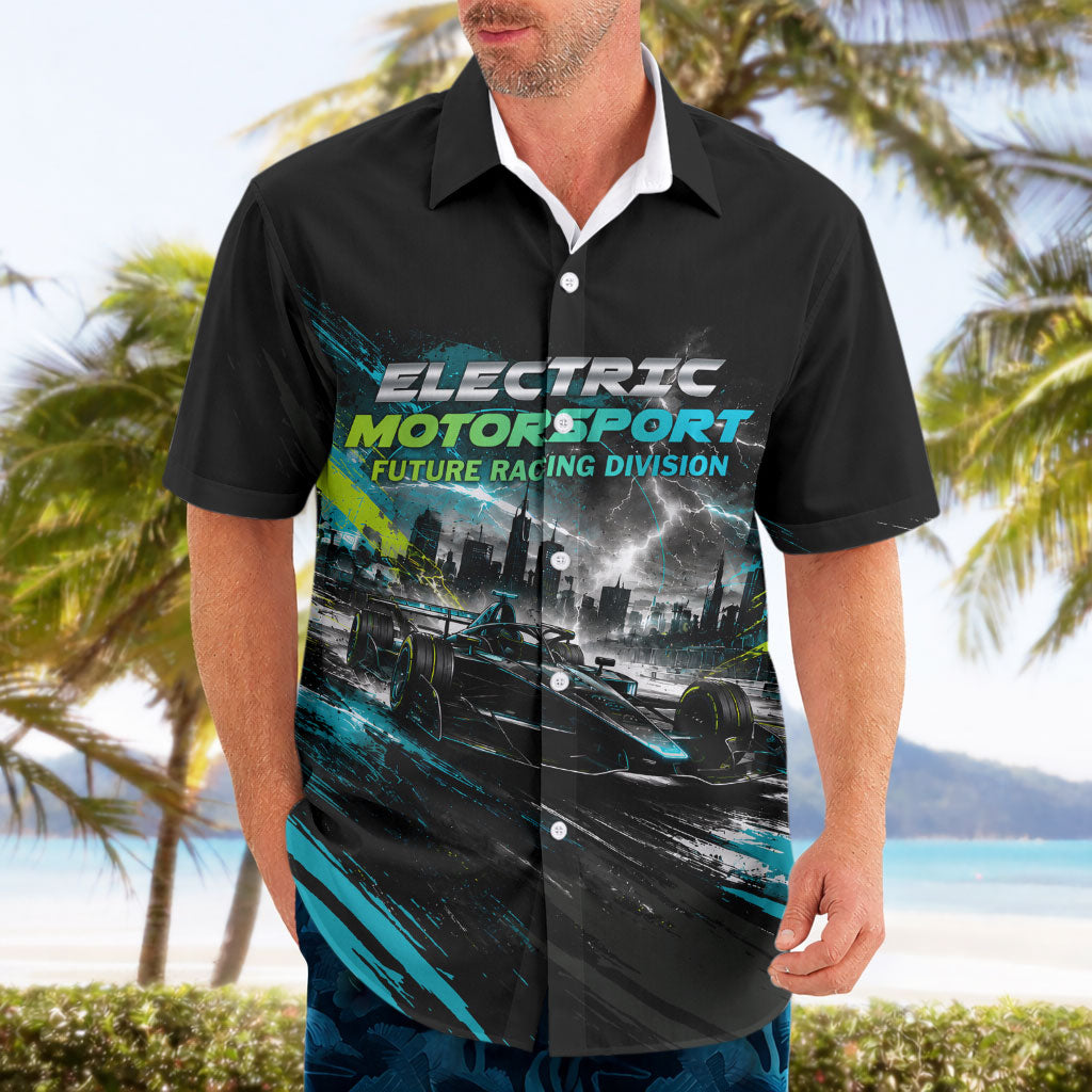 Electric Motorsport Racing Hawaiian Shirt Futuristic Formula Car Neon Lightning Speed Art