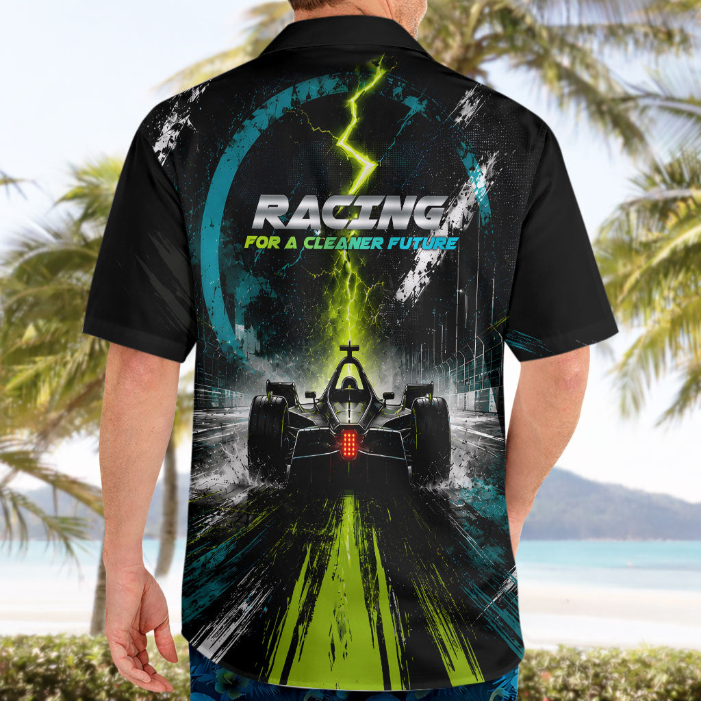 Electric Motorsport Racing Hawaiian Shirt Futuristic Formula Car Neon Lightning Speed Art