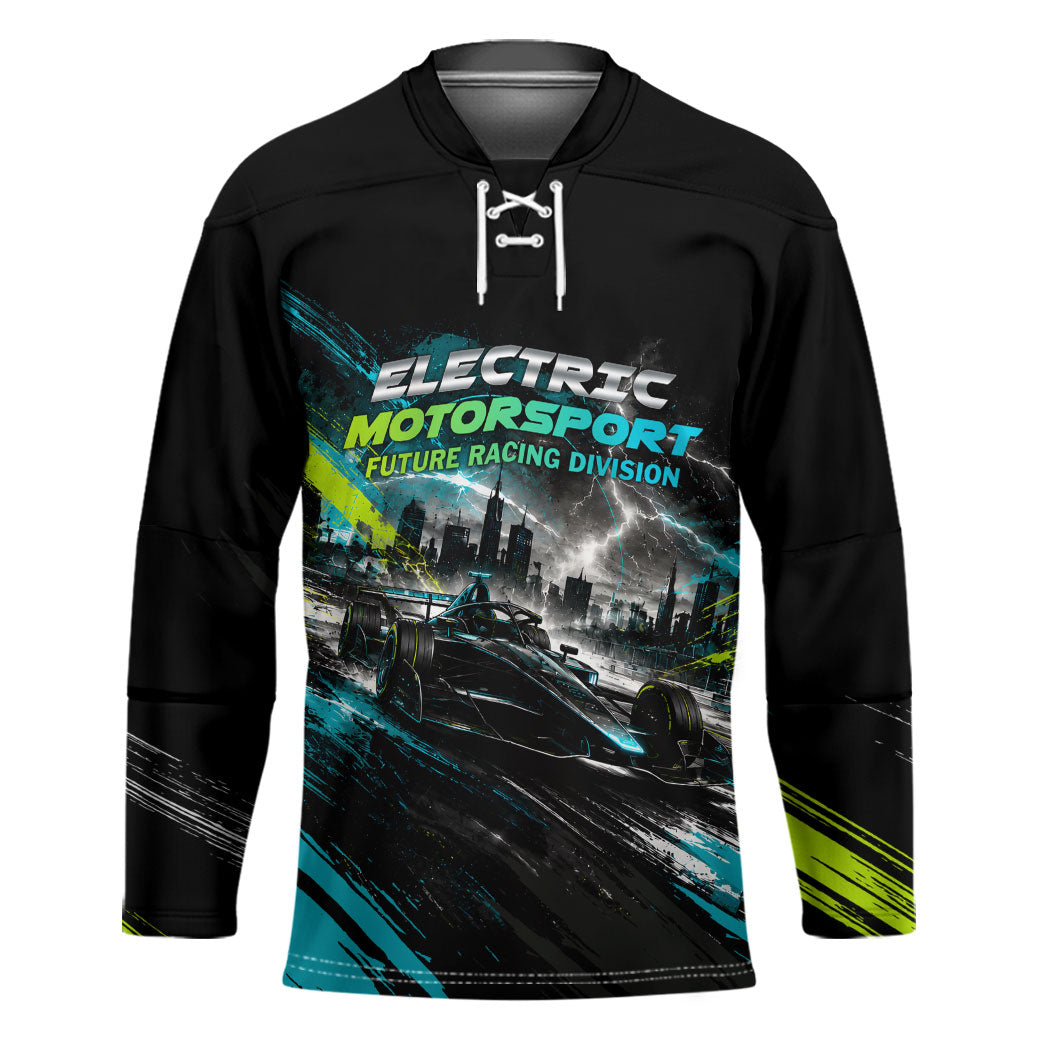 Electric Motorsport Racing Hockey Jersey Futuristic Formula Car Neon Lightning Speed Art