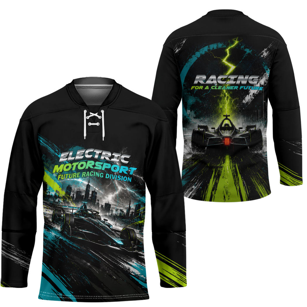 Electric Motorsport Racing Hockey Jersey Futuristic Formula Car Neon Lightning Speed Art