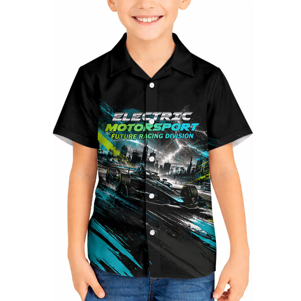 Electric Motorsport Racing Kid Hawaiian Shirt Futuristic Formula Car Neon Lightning Speed Art