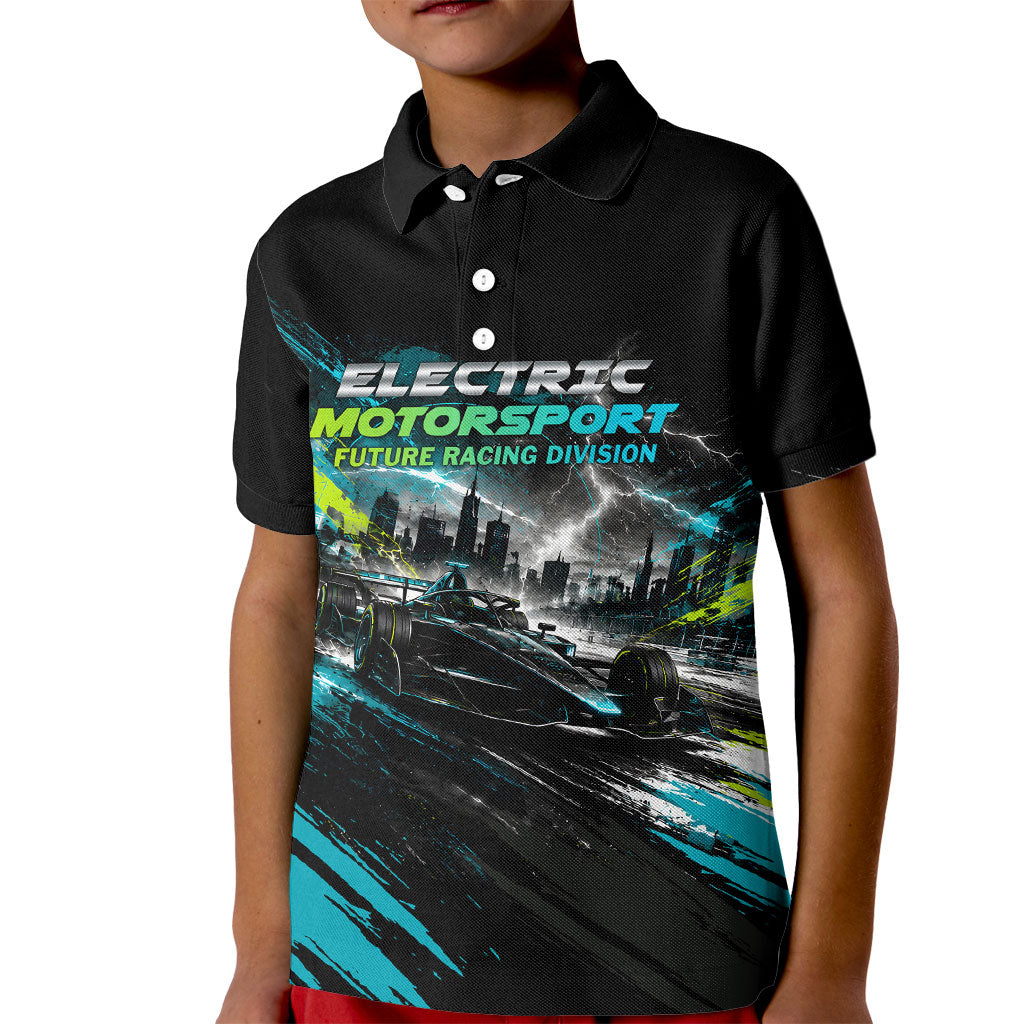 Electric Motorsport Racing Kid Polo Shirt Futuristic Formula Car Neon Lightning Speed Art