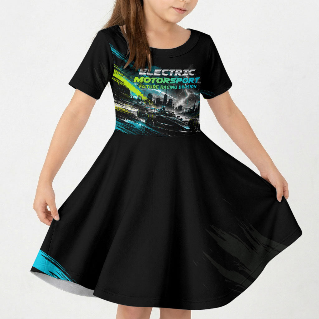Electric Motorsport Racing Kid Short Sleeve Dress Futuristic Formula Car Neon Lightning Speed Art