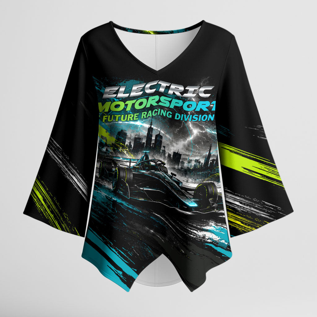 Electric Motorsport Racing Kimono Sleeve Blouse Futuristic Formula Car Neon Lightning Speed Art