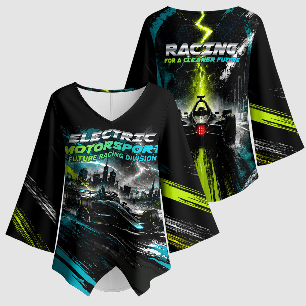 Electric Motorsport Racing Kimono Sleeve Blouse Futuristic Formula Car Neon Lightning Speed Art