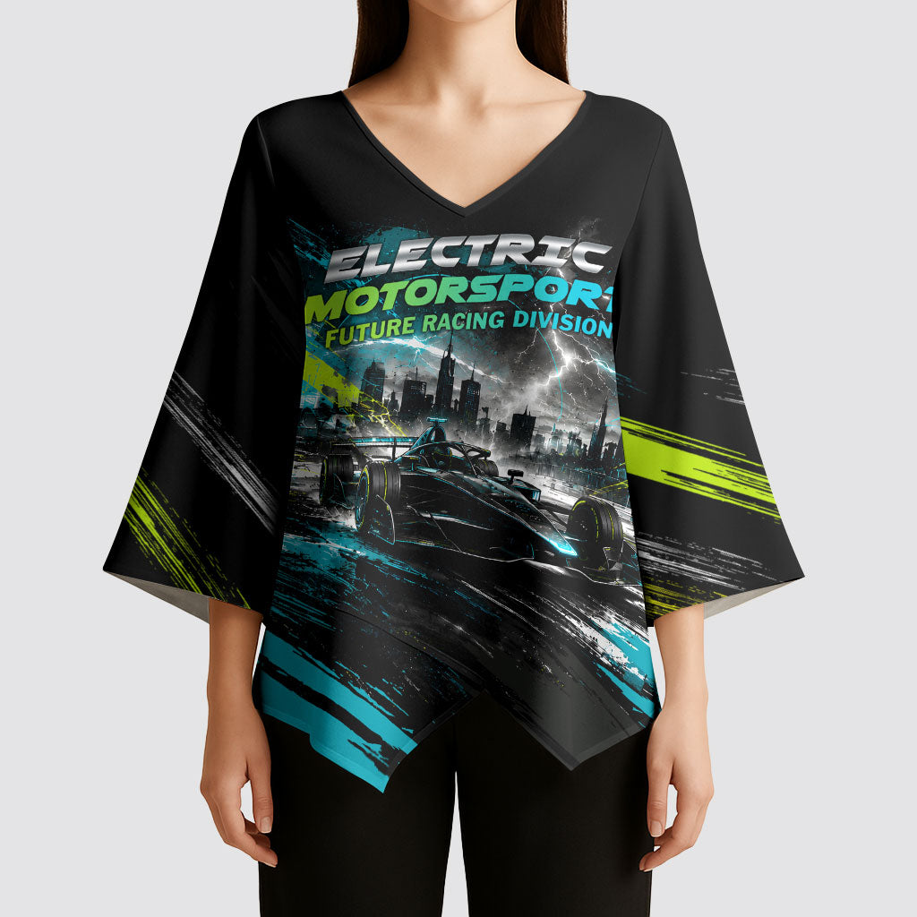 Electric Motorsport Racing Kimono Sleeve Blouse Futuristic Formula Car Neon Lightning Speed Art