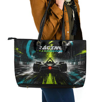 Electric Motorsport Racing Leather Tote Bag Futuristic Formula Car Neon Lightning Speed Art