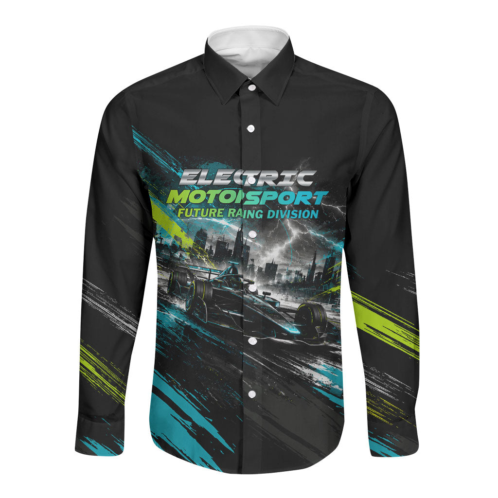 Electric Motorsport Racing Long Sleeve Button Shirt Futuristic Formula Car Neon Lightning Speed Art