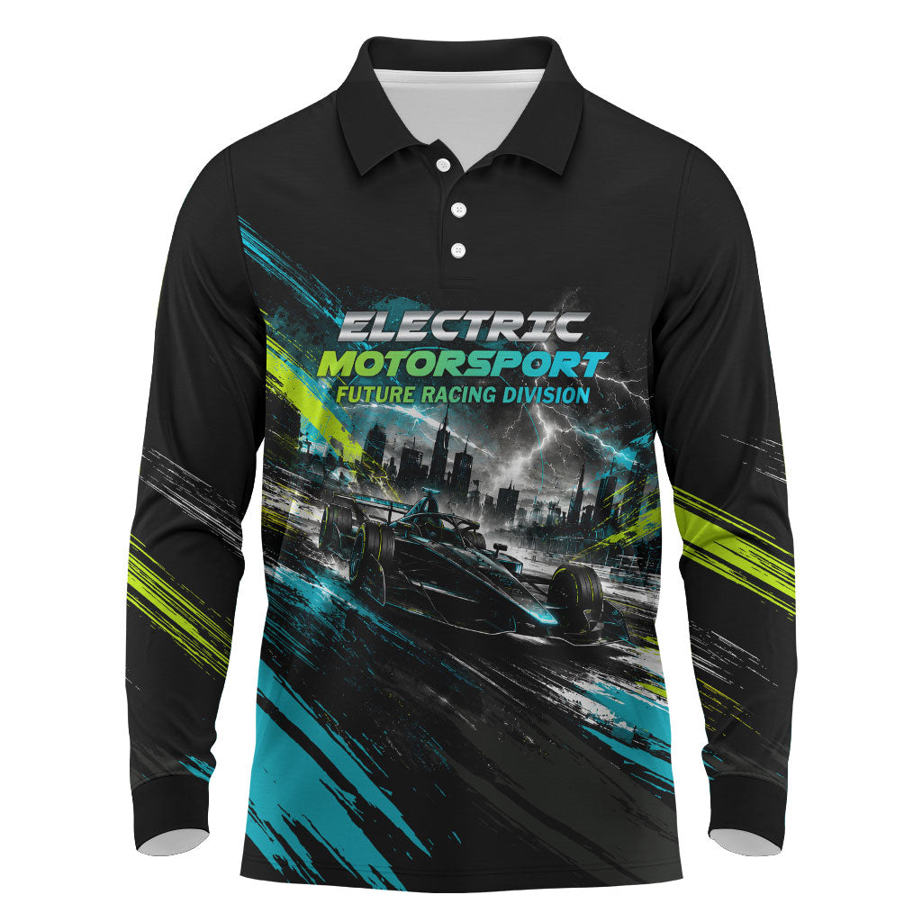 Electric Motorsport Racing Long Sleeve Polo Shirt Futuristic Formula Car Neon Lightning Speed Art