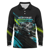 Electric Motorsport Racing Long Sleeve Polo Shirt Futuristic Formula Car Neon Lightning Speed Art