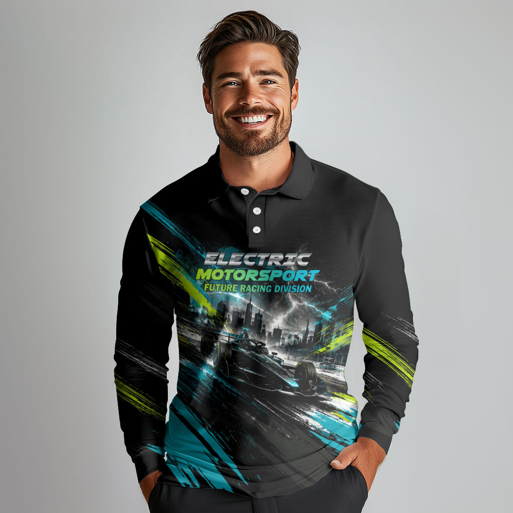Electric Motorsport Racing Long Sleeve Polo Shirt Futuristic Formula Car Neon Lightning Speed Art