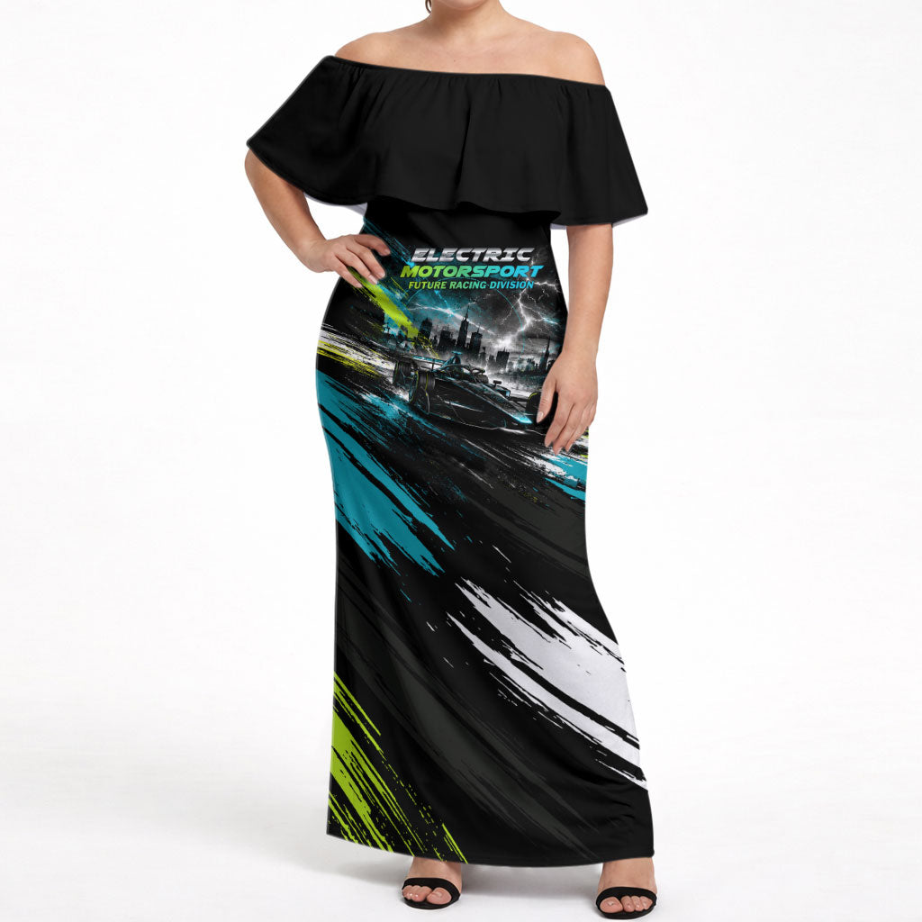 Electric Motorsport Racing Off Shoulder Maxi Dress Futuristic Formula Car Neon Lightning Speed Art