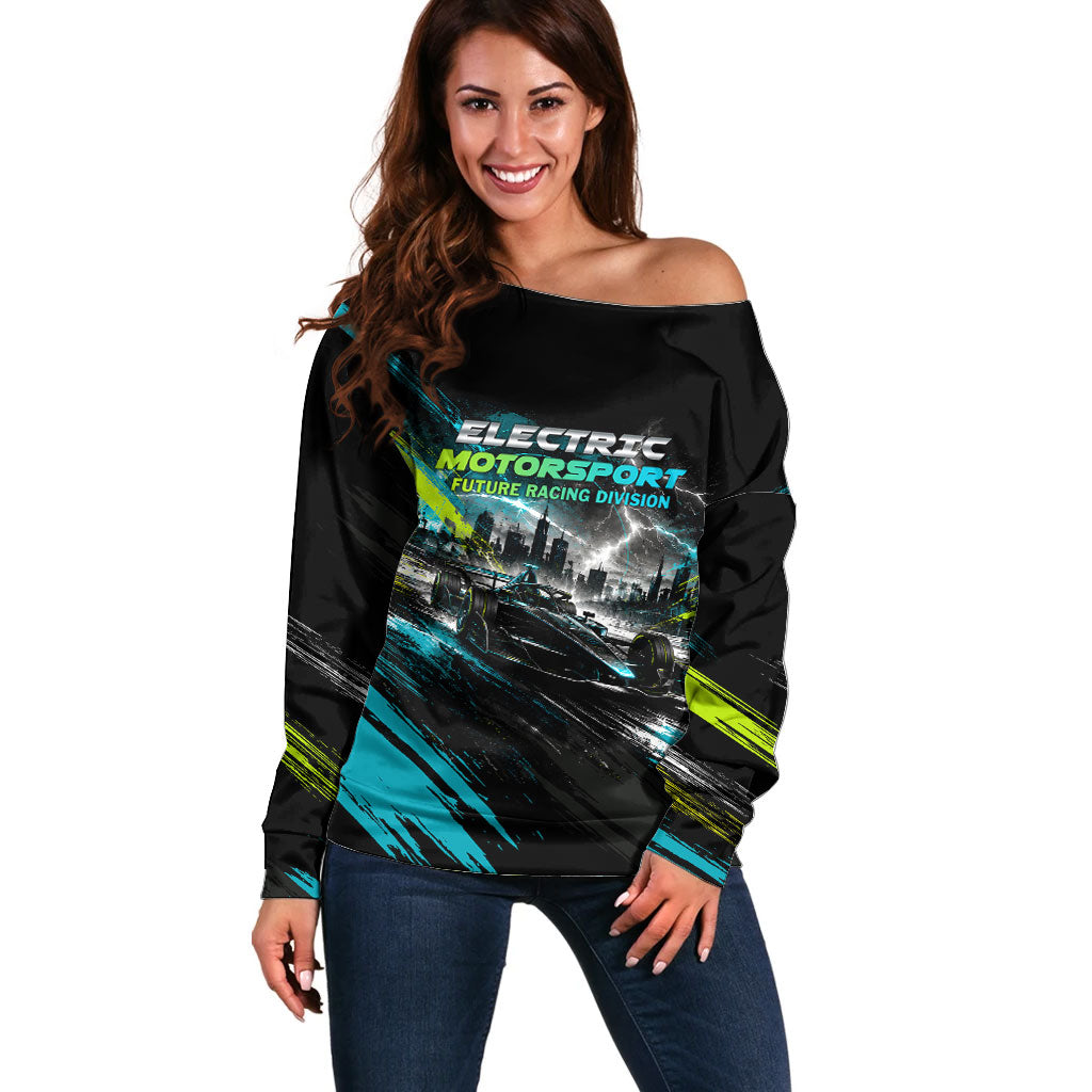 Electric Motorsport Racing Off Shoulder Sweater Futuristic Formula Car Neon Lightning Speed Art