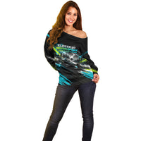 Electric Motorsport Racing Off Shoulder Sweater Futuristic Formula Car Neon Lightning Speed Art
