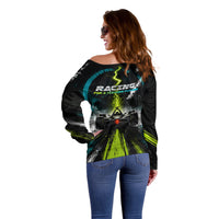 Electric Motorsport Racing Off Shoulder Sweater Futuristic Formula Car Neon Lightning Speed Art