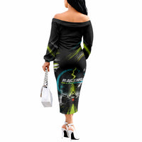 Electric Motorsport Racing Off The Shoulder Long Sleeve Dress Futuristic Formula Car Neon Lightning Speed Art