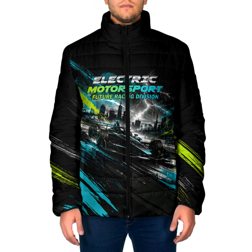 Electric Motorsport Racing Padded Jacket Futuristic Formula Car Neon Lightning Speed Art