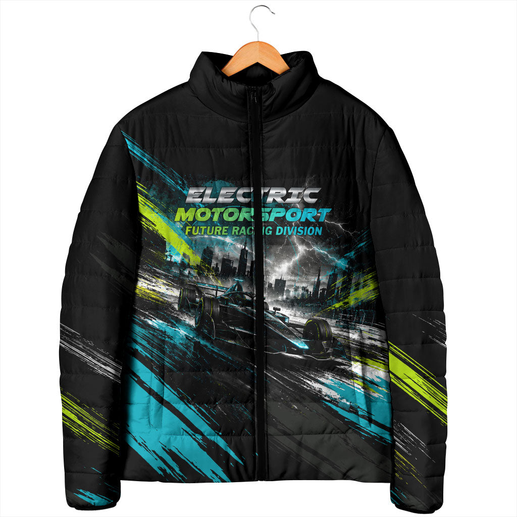 Electric Motorsport Racing Padded Jacket Futuristic Formula Car Neon Lightning Speed Art