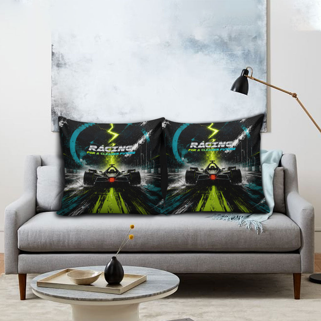 Electric Motorsport Racing Pillow Cover Futuristic Formula Car Neon Lightning Speed Art