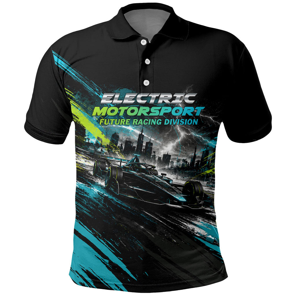 Electric Motorsport Racing Polo Shirt Futuristic Formula Car Neon Lightning Speed Art