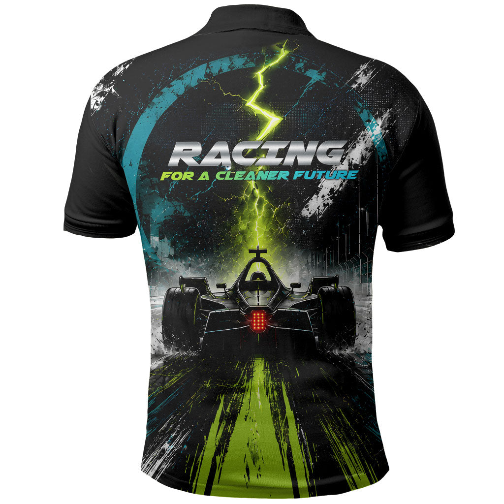 Electric Motorsport Racing Polo Shirt Futuristic Formula Car Neon Lightning Speed Art