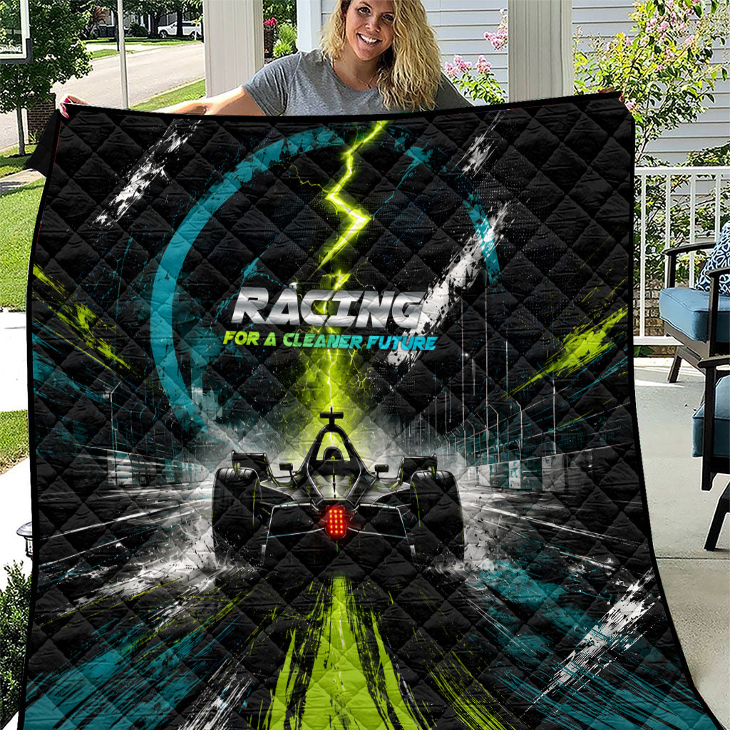 Electric Motorsport Racing Quilt Futuristic Formula Car Neon Lightning Speed Art