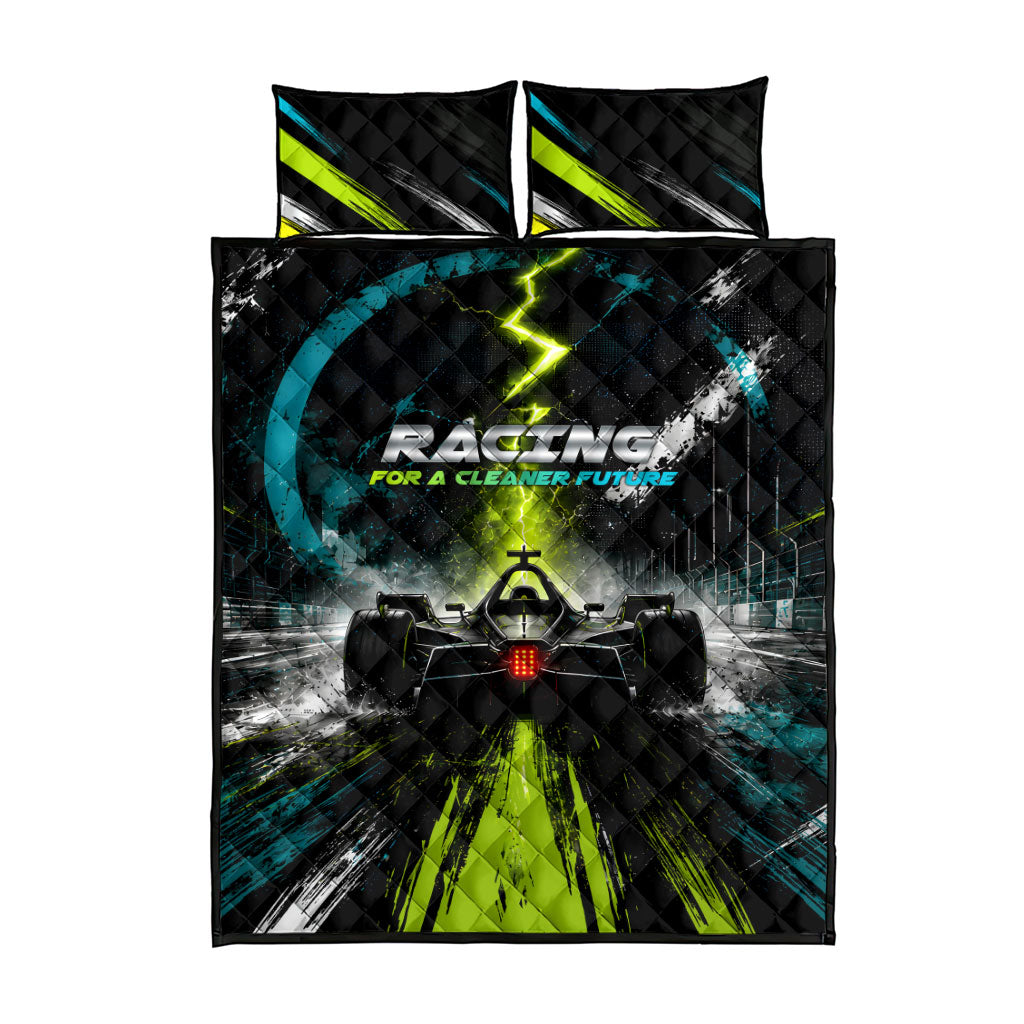 Electric Motorsport Racing Quilt Bed Set Futuristic Formula Car Neon Lightning Speed Art