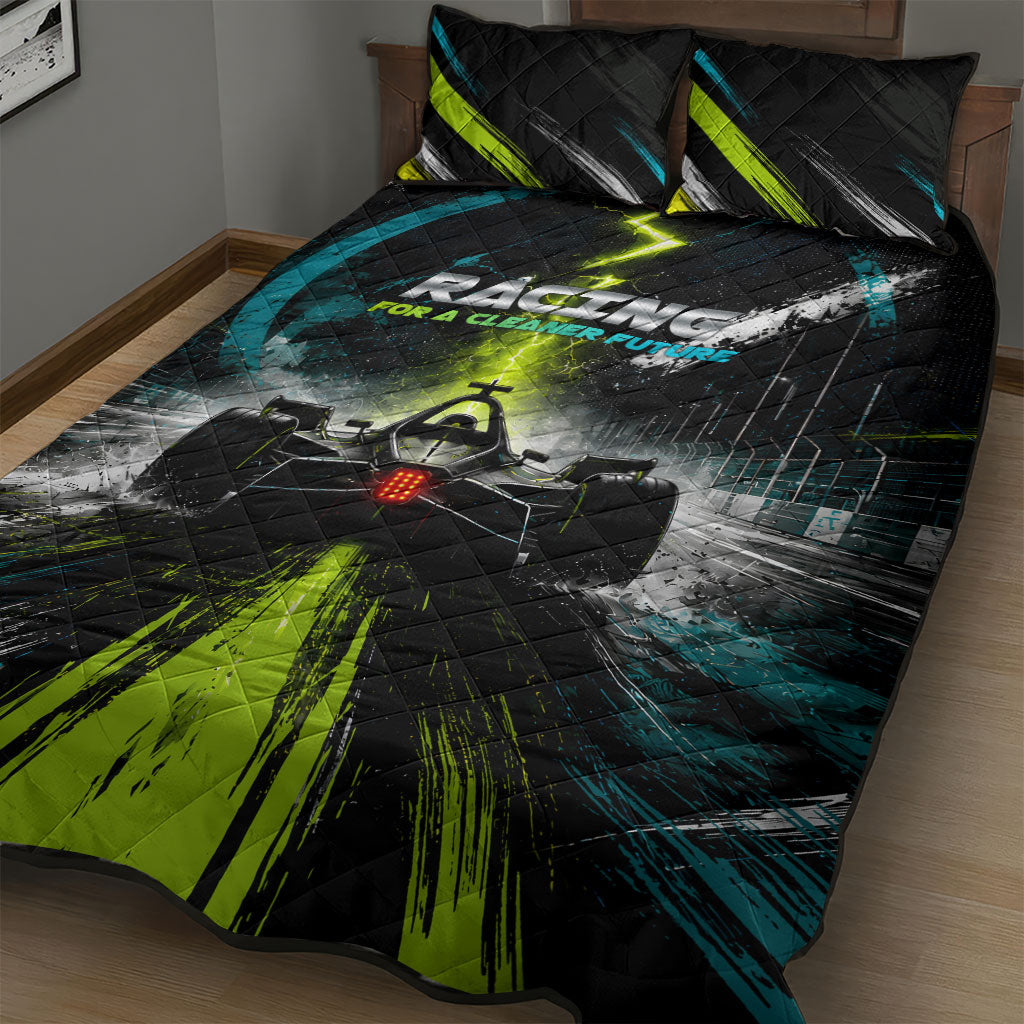 Electric Motorsport Racing Quilt Bed Set Futuristic Formula Car Neon Lightning Speed Art