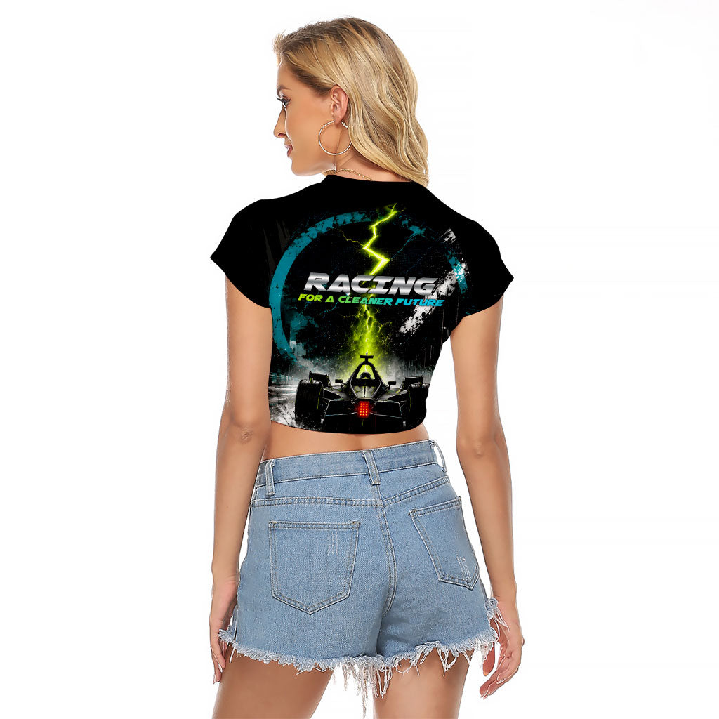 Electric Motorsport Racing Raglan Cropped T Shirt Futuristic Formula Car Neon Lightning Speed Art