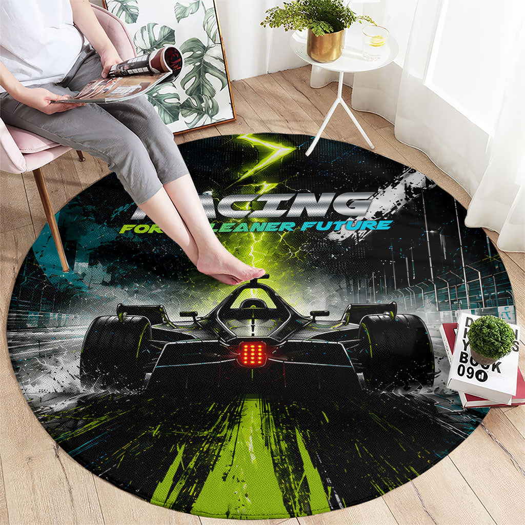 Electric Motorsport Racing Round Carpet Futuristic Formula Car Neon Lightning Speed Art
