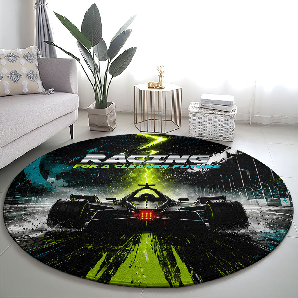 Electric Motorsport Racing Round Carpet Futuristic Formula Car Neon Lightning Speed Art