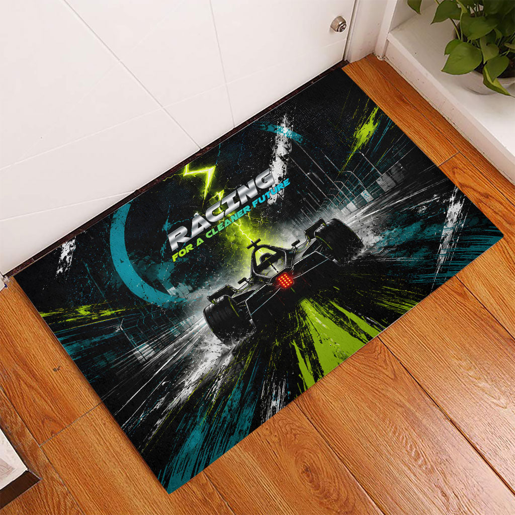Electric Motorsport Racing Rubber Doormat Futuristic Formula Car Neon Lightning Speed Art