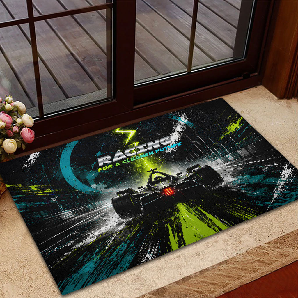 Electric Motorsport Racing Rubber Doormat Futuristic Formula Car Neon Lightning Speed Art