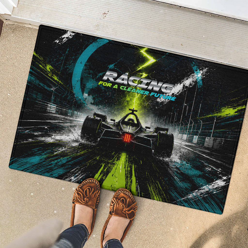Electric Motorsport Racing Rubber Doormat Futuristic Formula Car Neon Lightning Speed Art