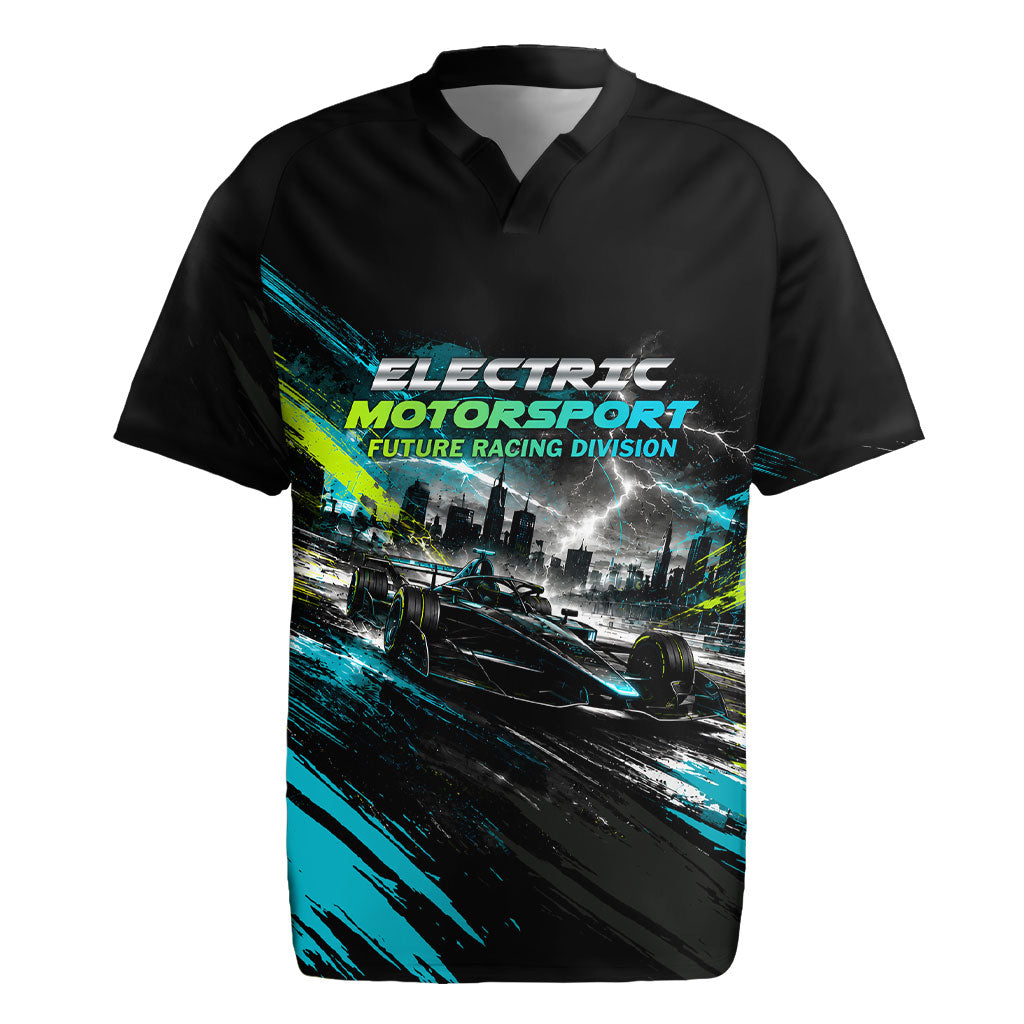 Electric Motorsport Racing Rugby Jersey Futuristic Formula Car Neon Lightning Speed Art